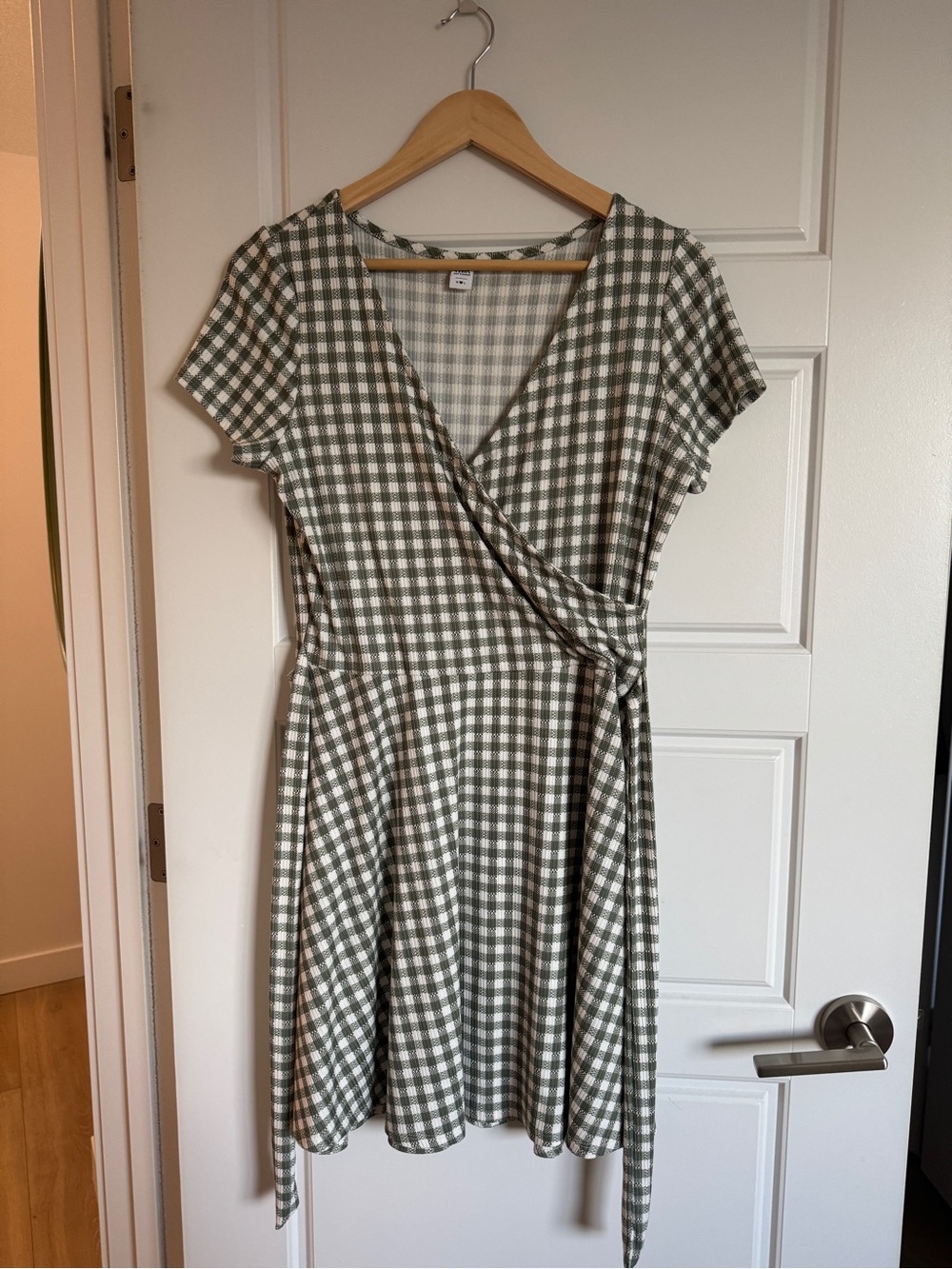 Green Gingham Wrap Dress - Classic V-Neck Short Sleeve